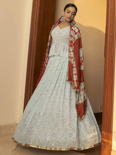 Pleasant Sky Blue Mukaish Work Georgette Party Wear Lehenga Choli